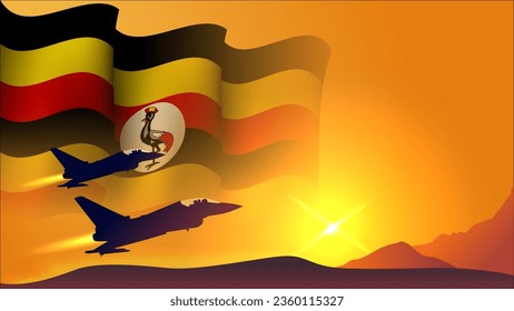 Jagdflugzeug mit uganda winkendem Flaggenhintergrund mit Sonnenuntergang, geeignet für nationale uganda-Luftwaffe-Tagesereignis, Vektorgrafik