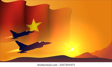 avión de combate con vietnam ondeando el diseño de fondo de la bandera con la vista de puesta de sol adecuada para el evento vectorial del día de las fuerzas aéreas de vietnam