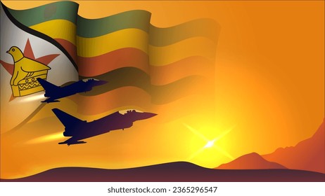 fighter jet plane with zimbabwe  waving flag background design with sunset view suitable for national zimbabwe air forces day event vector illustration