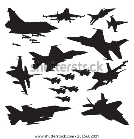 fighter jet silhouette set collection isolated black on white background vector illustration