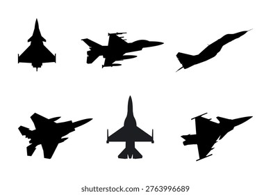 Fighter Jet Silhouette Set. Military Aircraft Collection. Aviation Warplane Icons. Black Vector Illustration