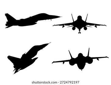 Siluetas de aviones de combate en varios ángulos de vuelo y estilo de aviación militar para temas de defensa y fuerza aérea, perfectas para presentaciones, infografías, carteles y diseños visuales estratégicos.