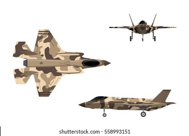 Fighter jet. War plane in flat style. Military aircraft in top, side, front view. Vector illustration