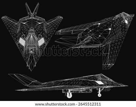 Fighter jet wireframe model in 3D, showcasing sleek aerodynamic design on a black background. The detailed mesh structure highlights advanced engineering and futuristic aesthetics.