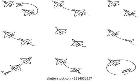 Fighter jets in continuous line art illustrate various aerial maneuvers and flight paths on a clean white background