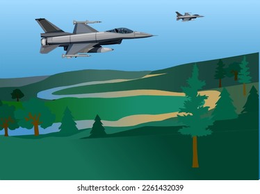Fighter jets fly over a terrain