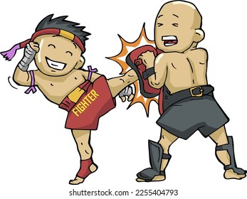 Fighter kicking pads. Hands are wrapped with Thai boxing ropes. Fector illustration EPS10