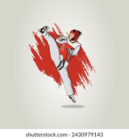 Fighter in the martial arts of taekwondo. Kimono, helmet, belt, combat gloves, body protectors. Vector illustration.