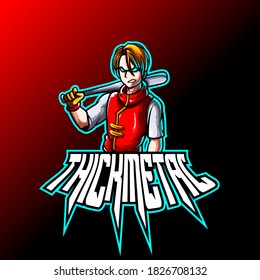 Fighter mascot logo esport gaming holding thick. Red costume with gradient red background. Amazing logo character gaming mascot illustration.