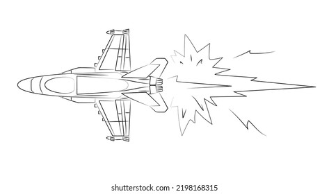 Fighter, Military Airplane. Jet Aircraft At Moment Of Transition To Supersonic Speed Drawn In Style Of Comics. Air Combat. Difficult Maneuver At Speed. Sketch, Linear Contour In Minimalist Style