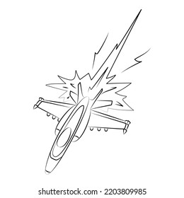 Fighter, Military Airplane. Jet Aircraft At Moment Of Transition To Supersonic Speed Drawn In Style Of Comics. Air Combat. Difficult Maneuver At Speed. Sketch, Linear Contour In Minimalist Style