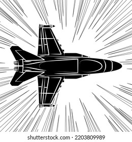 Fighter, military airplane. Jet aircraft in speed lines. Air combat. Flying at supersonic speeds. Air Force. Army in action. Avia show. Aeroplane for use in stickers, printing on paper or fabric