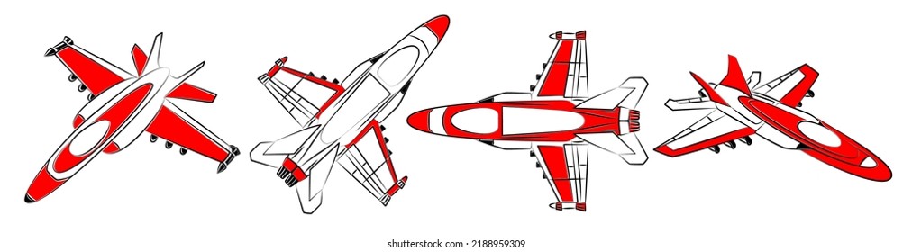 Fighter, military airplane. Set of jet aircraft models in different isometric planes. Aeroplane for coloring book for adults and children. Use in games, stickers, printing on paper or fabric. Sketch