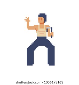 Fighter of oriental martial arts kung fu karate master pixel art character isolated vector illustration. Design for sticker, logo sports club, mobile app and embroidery. Game assets 8-bit sprite.