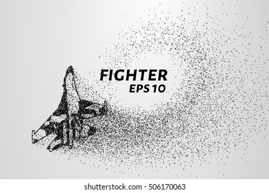 Fighter of the particles. The silhouette of the aircraft consists of small circles and dots.