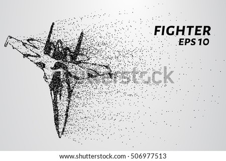 Fighter of the particles. The silhouette of the aircraft consists of small circles and dots.