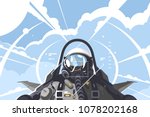 Fighter pilot in cockpit. Combat aircraft on mission. Vector illustration