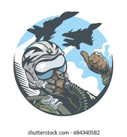 Fighter Pilot In Cockpit And Two Jet Fighters. Emblem, T-shirt Design. Vector Illustration.