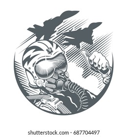 Fighter Pilot In Cockpit And Two Jet Fighters. Emblem, T-shirt Design. Vector Black And White Illustration.