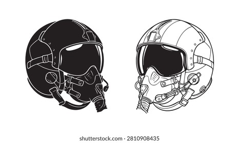 fighter pilot helmet black silhouette with line art vector icon