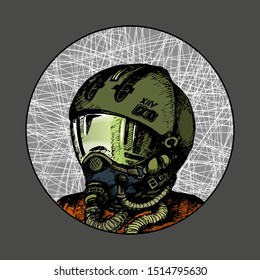 Fighter pilot in helmet and oxygen mask. Sketch image in a circle. Textured Background. Icon, symbol, sign. Vector illustration