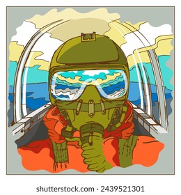 A fighter pilot in a helmet and an oxygen mask in the cockpit of an airplane. Original stylization. Vector illustration