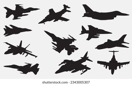 fighter plane black shape vector illustration set isolated on white background. Detailed decorative fighter plane logotype design elements.