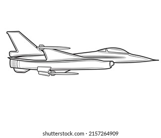 Libro de colorear el avión de combate. Dibujo en avión para colorear niños y niñas. Dibujo de esbozo para colorear. Luchador. Ilustración vectorial.