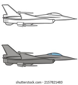 Fighter plane coloring book. Airplane drawing for coloring for kids and kids. Sketch drawing for coloring. Fighter. Vector illustration.