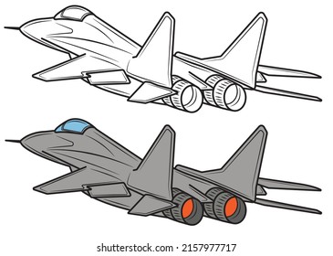 Fighter plane coloring book. Airplane drawing for coloring for kids and kids. Sketch drawing for coloring. Fighter. Vector illustration.