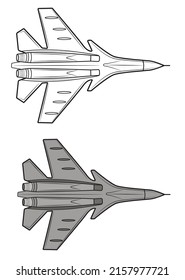 Fighter plane coloring book. Airplane drawing for coloring for kids and kids. Sketch drawing for coloring. Fighter. Vector illustration.