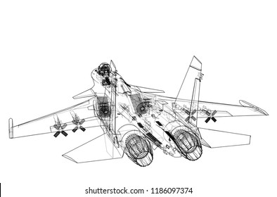 Fighter plane concept. Vector rendering of 3d. Wire-frame style. The layers of visible and invisible lines are separated