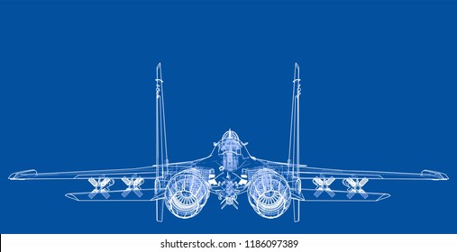 Fighter plane concept. Vector rendering of 3d. Wire-frame style. The layers of visible and invisible lines are separated