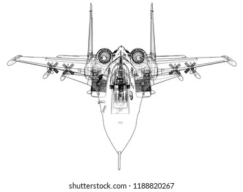 Fighter plane concept. Vector rendering of 3d. Wire-frame style. The layers of visible and invisible lines are separated
