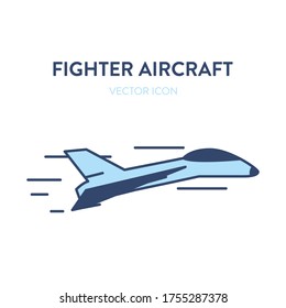Fighter plane icon. Vector flat outline illustration of a small and fast military jet fighter flying. Represents a concept of modern aicraft, supersonic speed, reactive plane and military aviation