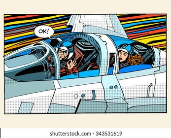 fighter plane pilot man woman success aviation pop art retro style. The pilot testers. Sport aircraft. Military aircraft. Business concept success and height