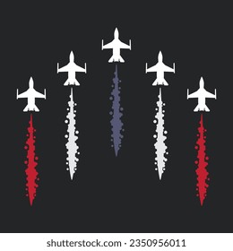 Fighter plane silhouette image with smoke trail, airplane flat design, simple design vector.