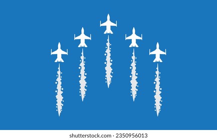 Fighter plane silhouette image with smoke trail, airplane flat design, simple design vector.