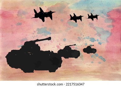 Color negro del plano de combate y del tanque en el fondo de la acuarela.Coloridas texturas y fondo.Indicadores vectores de ilustración eps10.