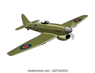 Fighter plane Tempest 1943. WW II aircraft. Vintage airplane. Vector clipart isolated on white.