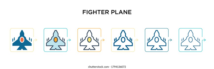 Fighter plane vector icon in 6 different modern styles. Black, two colored fighter plane icons designed in filled, outline, line and stroke style. Vector illustration can be used for web, mobile, ui