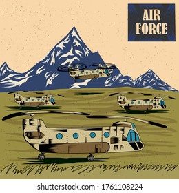 Fighter planes flying high in sky in retro poster showing motivation to Join Airforce in vector