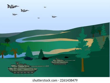 Aviones y tanques de combate en camino a la guerra