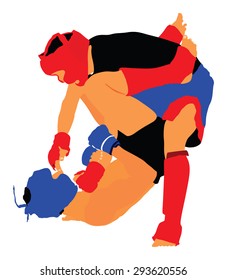 Fighter in ring vector illustration. Fight Fighter Muay Thai Boxing Karate Taekwondo Wrestling Kick Punch Grab Throw People Icon Sign Symbol Pictogram In octagon