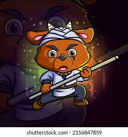 La oveja luchadora con el logotipo de diseño de la mascota de apoyo de palo largo de la ilustración