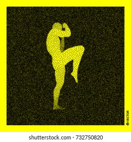 Fighter. Sports concept. 3D Human Body Model. Black and yellow grainy design. Stippled vector illustration.