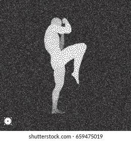 Lutador. Conceito esportivo. Modelo 3D do homem. Projeto de ponto granulado preto e branco. Ilustração de vetor pontilhado.