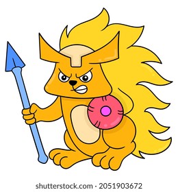 fighter warrior hedgehog carrying spear and shield, vector illustration art. doodle icon image kawaii.