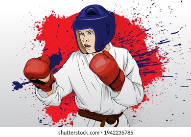 A fighter, wearing sports gloves and a helmet. Vector illustration