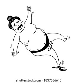 Fighter wrestler slipped on a banana. Funny black and white vector character 